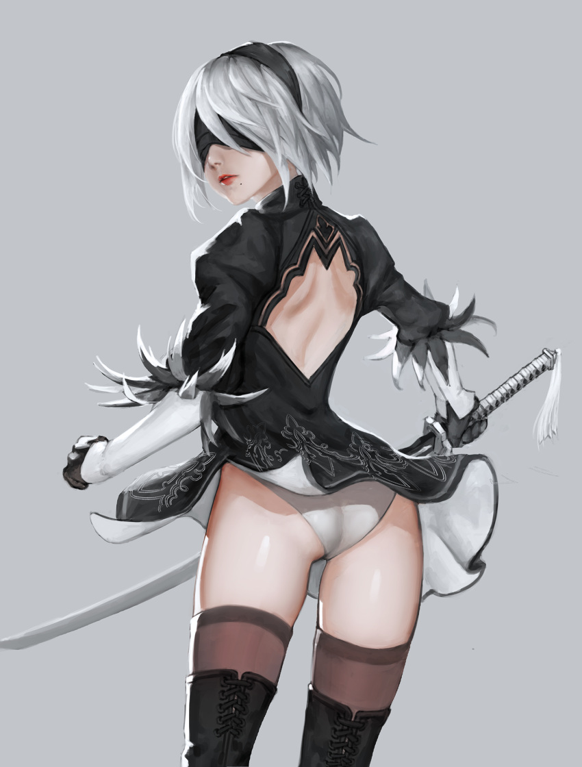 1girl ass back_cutout black_blindfold black_dress black_hairband blindfold boots covered_eyes dress egk513 feather-trimmed_sleeves grey_background hairband highleg highleg_leotard highres holding holding_sword holding_weapon juliet_sleeves katana leotard long_sleeves looking_back mole mole_under_mouth nier_(series) nier_automata nose parted_lips puffy_sleeves red_lips silver_hair simple_background skirt skirt_lift solo sword thigh-highs thigh_boots thighhighs_under_boots thighs vambraces weapon white_leotard wind wind_lift yorha_no._2_type_b