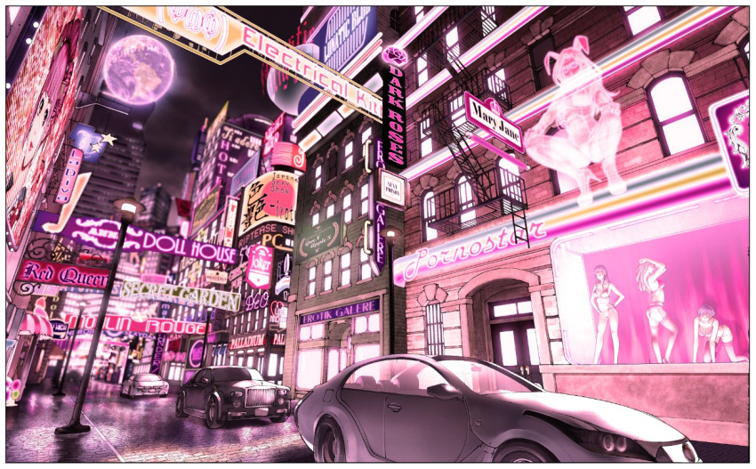 3girls all_fours ass back bra breasts car cleavage ex-arm full_moon garter_belt garter_straps ground_vehicle hands_on_hips hologram lamppost long_hair moon motor_vehicle multiple_girls neon_lights night panties road scenery shinya_komi short_hair street thigh-highs underwear underwear_only