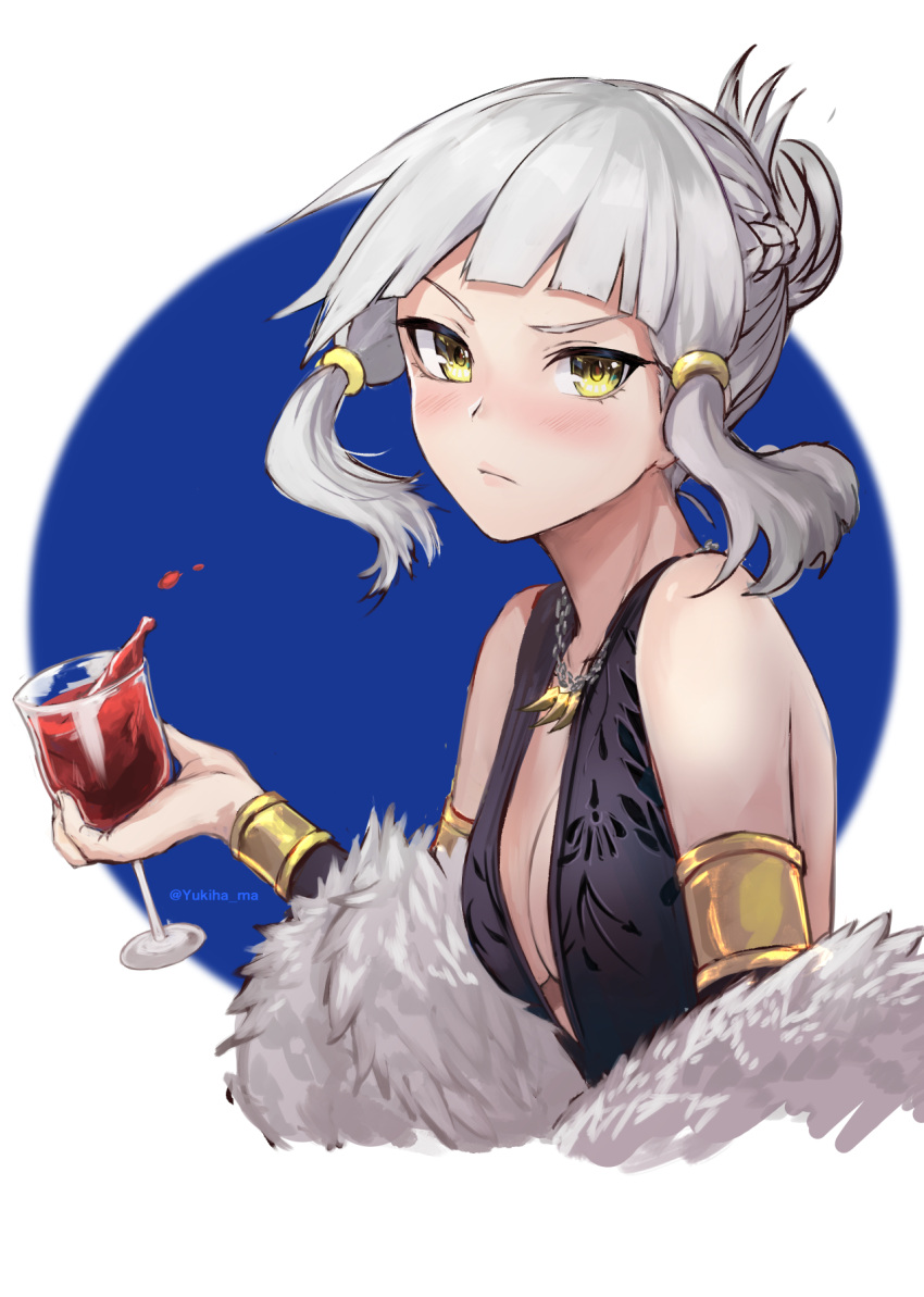 1girl bangs bare_shoulders black_dress blunt_bangs blush cup dress drinking_glass fate/grand_order fate_(series) fur_trim hair_bun highres jewelry looking_at_viewer necklace penthesilea_(fate/grand_order) sleeveless sleeveless_dress solo white_hair wine_glass yellow_eyes yukihama
