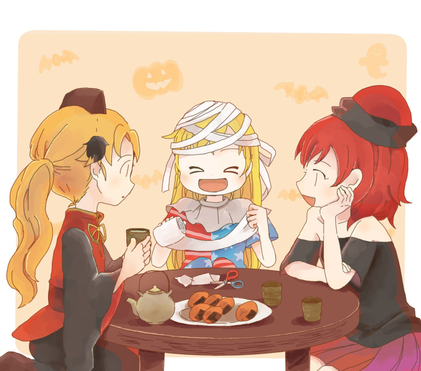 &gt;_&lt; 3girls :d alternate_hairstyle bandage bandaged_head bandages bare_shoulders bat black_dress black_hat black_shirt blonde_hair closed_eyes clownpiece commentary_request cup dress halloween hat hecatia_lapislazuli highres holding holding_cup jack-o'-lantern junko_(touhou) long_hair long_sleeves miniskirt multicolored multicolored_clothes multicolored_skirt multiple_girls neck_ruff off-shoulder_shirt open_mouth plate polos_crown ponytail redhead rome35793562 scissors shirt sitting skirt smile star star_print striped t-shirt tabard table teapot toilet_paper touhou wide_sleeves xd yunomi