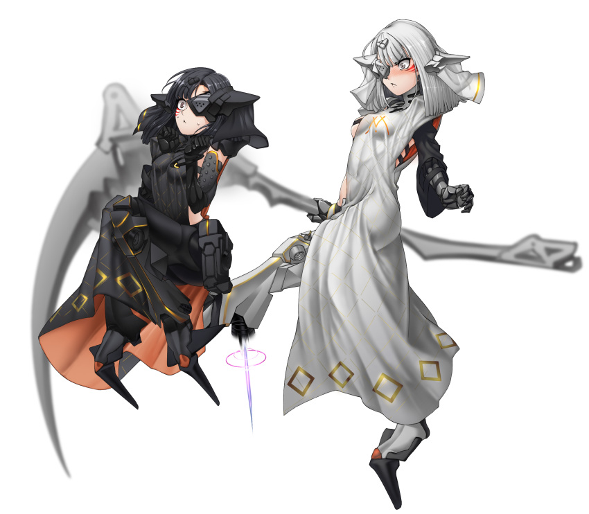 2girls angry bangs black_hair black_pants black_robe blunt_bangs blush breasts brown_eyes closed_mouth commentary_request eyepatch gauntlets girls_frontline hair_ornament headgear headpiece highres holding holding_scythe holding_weapon kicking long_hair multiple_girls nyto_obelisk_(girls_frontline) nyto_polarday_(girls_frontline) pants scythe sd_bigpie silver_hair simple_background small_breasts surprised weapon whisker_markings white_background white_robe