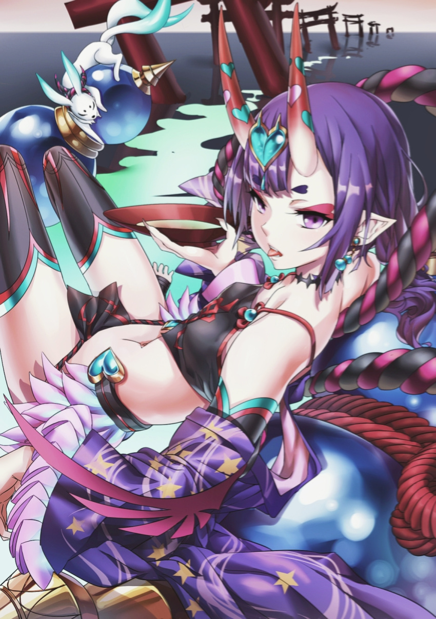 1girl bangs bare_shoulders black_legwear fate/grand_order fate_(series) headpiece highres horns kneeling navel oni oni_horns pointy_ears purple_hair short_hair shuten_douji_(fate/grand_order) shuten_douji_(halloween)_(fate) thigh-highs tongue tongue_out violet_eyes
