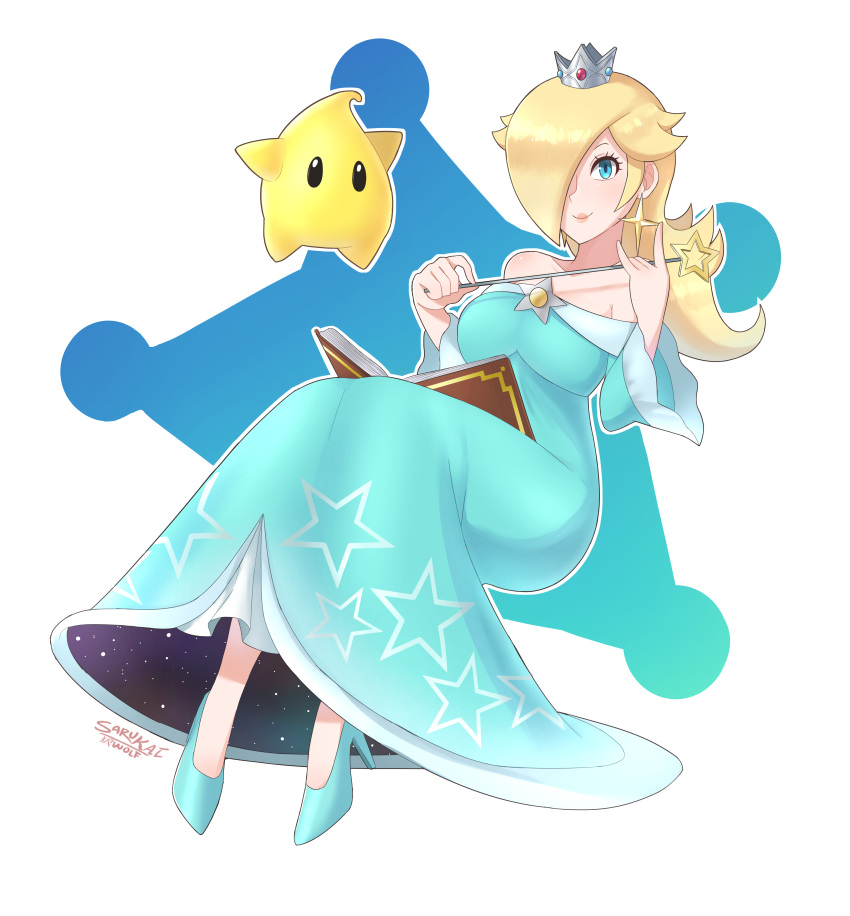 1girl absurdres aqua_dress aqua_eyes aqua_footwear bare_shoulders blonde_hair blush book breasts chiko_(mario) commentary crown dress earrings english_commentary full_body hair_over_one_eye high_heels highres jewelry long_hair long_sleeves looking_at_viewer super_mario_bros. nintendo off-shoulder_dress off_shoulder open_book princess rosetta_(mario) sarukaiwolf silver_trim simple_background smile solo star star_earrings super_mario_bros. super_mario_galaxy wide_sleeves