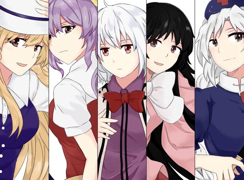 5girls black_hair blonde_hair bow brown_eyes commentary_request green_eyes hair_between_eyes hair_bow hand_on_headwear hat houraisan_kaguya imperishable_night jacket kishin_sagume lavender_hair legacy_of_lunatic_kingdom long_hair long_sleeves looking_at_viewer looking_back multiple_girls nurse nurse_cap pink_shirt purple_shirt rukialice shirt short_sleeves smile sun_hat touhou upper_body violet_eyes watatsuki_no_toyohime watatsuki_no_yorihime white_background white_hair wide_sleeves yagokoro_eirin