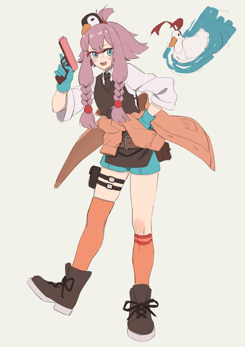 1girl :d absurdres animal arknights asymmetrical_sleeves bird black_necktie blue_eyes blue_gloves blue_shorts boots braid brown_boots brown_jacket brown_socks brown_thighhighs clothes_around_waist collared_shirt commentary_request gloves goose grey_background gun hand_on_own_hip handgun highres holding holding_gun holding_weapon jacket jacket_around_waist kneehighs long_hair long_sleeves looking_at_viewer may_(arknights) necktie over-rim_eyewear purple_hair red-framed_eyewear rui_(rei_leyi) semi-rimless_eyewear shirt short_shorts short_sleeves shorts simple_background single_kneehigh single_sock single_thighhigh smile socks solo sweater_vest thigh-highs twin_braids weapon white_shirt