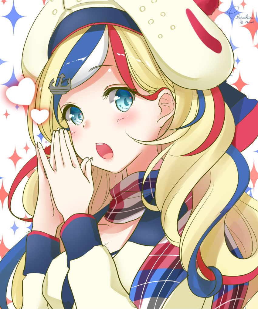 anchor_hair_ornament bangs beret blonde_hair blue_eyes blue_hair blue_shirt blush chou2 commandant_teste_(kantai_collection) commentary_request hair_ornament hands_together hat heart highres jacket kantai_collection long_hair looking_at_viewer multicolored multicolored_clothes multicolored_hair multicolored_scarf open_mouth plaid plaid_scarf pom_pom_(clothes) redhead scarf shirt signature simple_background sparkle sparkle_background streaked_hair swept_bangs twitter_username wavy_hair white_hair yellow_jacket