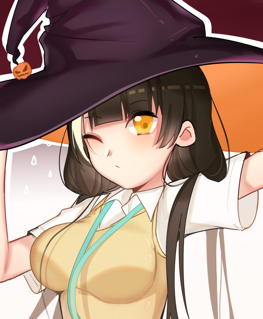 1girl absurdres artist_request black_legwear girls_frontline halloween_costume hat highlights highres jack-o'-lantern multicolored_hair one_eye_closed ro635_(girls_frontline) solo sweater_vest white_hair witch_hat yellow_eyes