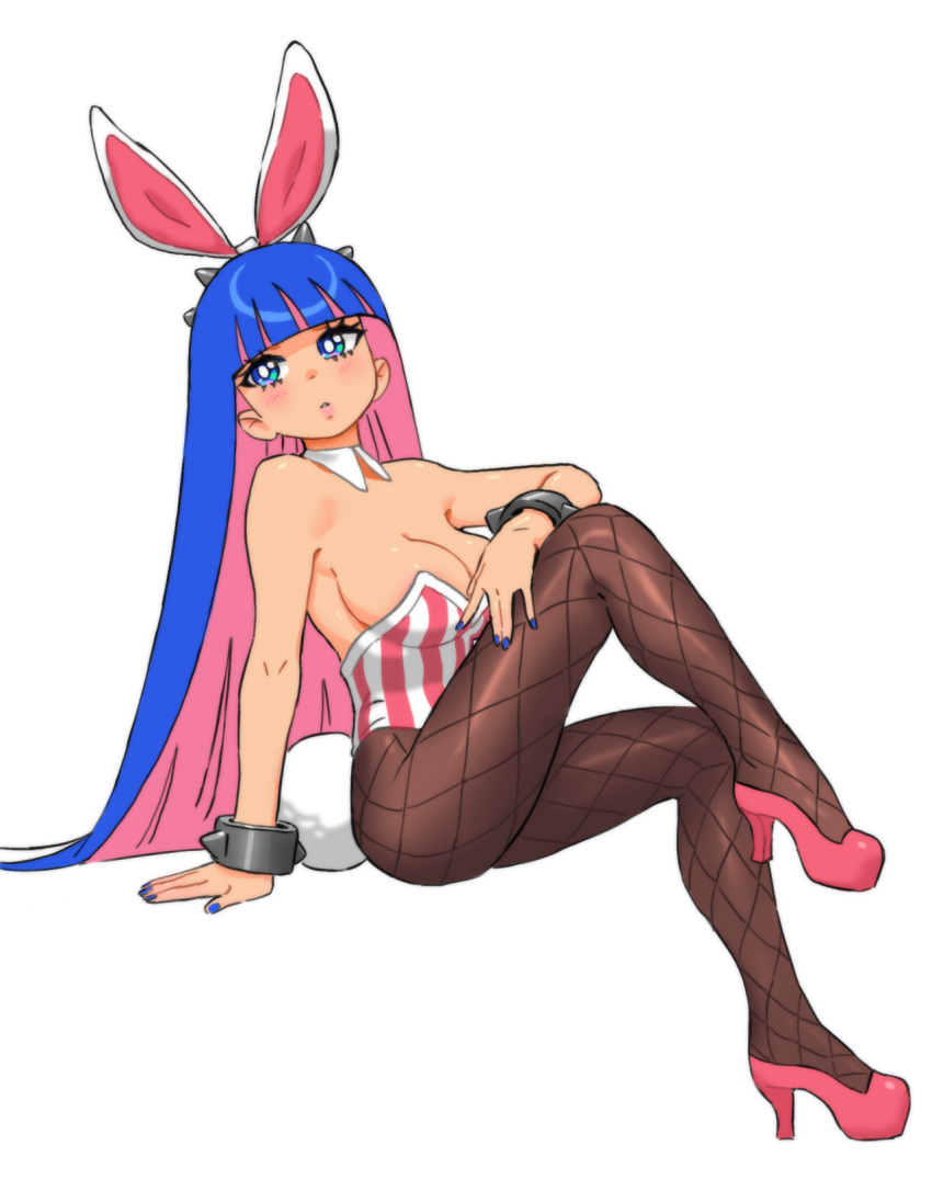 1girl animal_ears bangs blue_eyes blue_hair blue_nails blunt_bangs bracelet breasts brown_legwear bunny_girl bunnysuit cleavage commentary cosplay detached_collar english_commentary fake_animal_ears fishnet_pantyhose fishnets hairband highres invisible_chair jewelry kiriririn large_breasts leg_up leotard maplestory maplestory_2 multicolored_hair nail_polish panty_&amp;_stocking_with_garterbelt pantyhose pink_footwear pink_hair pink_leotard platform_footwear platform_heels rabbit_ears sitting solo spiked_bracelet spiked_hairband spikes stocking_(psg) strapless strapless_leotard striped two-tone_hair vanilla_(maplestory2) vanilla_(maplestory2)_(cosplay) vertical_stripes