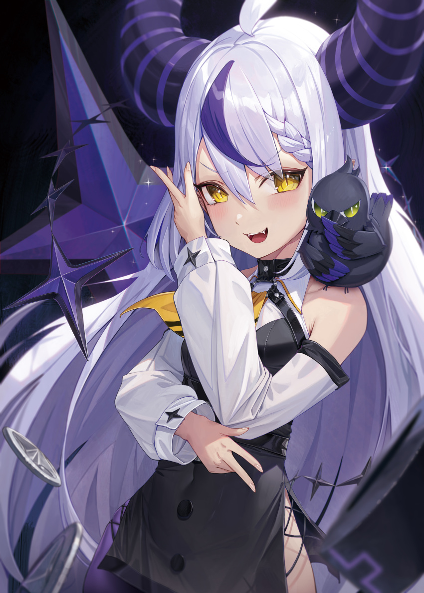 1girl :d absurdres bare_shoulders blue_hair blush braid crow_(la+_darknesss) cryturtle detached_sleeves hair_between_eyes highres hololive horns la+_darknesss long_hair long_sleeves multicolored_hair open_mouth smile solo tail teeth two-tone_hair very_long_hair virtual_youtuber yellow_eyes