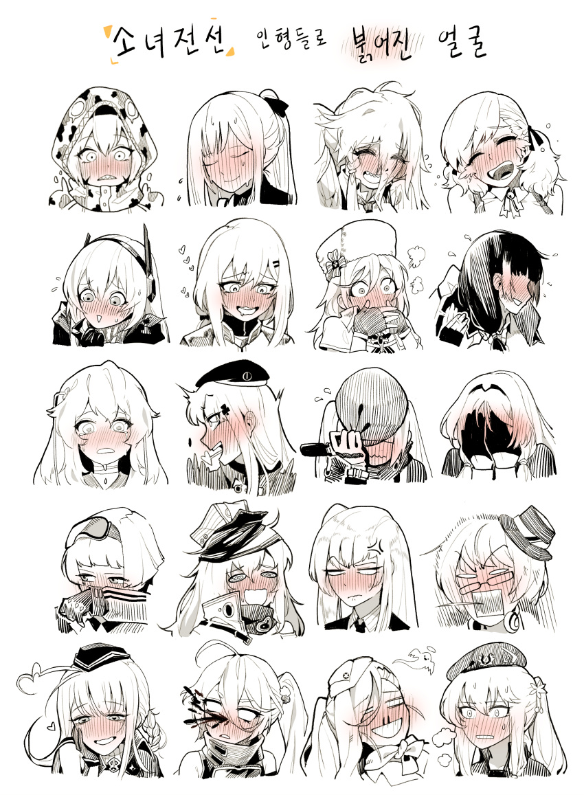 6+girls a-91_(girls_frontine) absurdres ak-12_(girls_frontline) an-94_(girls_frontline) anger_vein artist_request beret blush closed_eyes closed_mouth commentary_request dsr-50_(girls_frontline) fingerless_gloves g11_(girls_frontline) girls_frontline gloves goggles goggles_on_head hat highres hk416_(girls_frontline) korean_commentary ks-23_(girls_frontline) m4_sopmod_ii_(girls_frontline) mdr_(girls_frontline) monochrome mossberg_m590_(girls_frontline) multiple_girls nagant_revolver_(girls_frontline) nose_bubble pkp_(girls_frontline) reaction ribeyrolles_1918_(girls_frontline) ro635_(girls_frontline) saiga-12_(girls_frontline) spas-12_(girls_frontline) thompson_submachine_gun_(girls_frontline) wa2000_(girls_frontline) xm8_(girls_frontline) zas_m21_(girls_frontline)