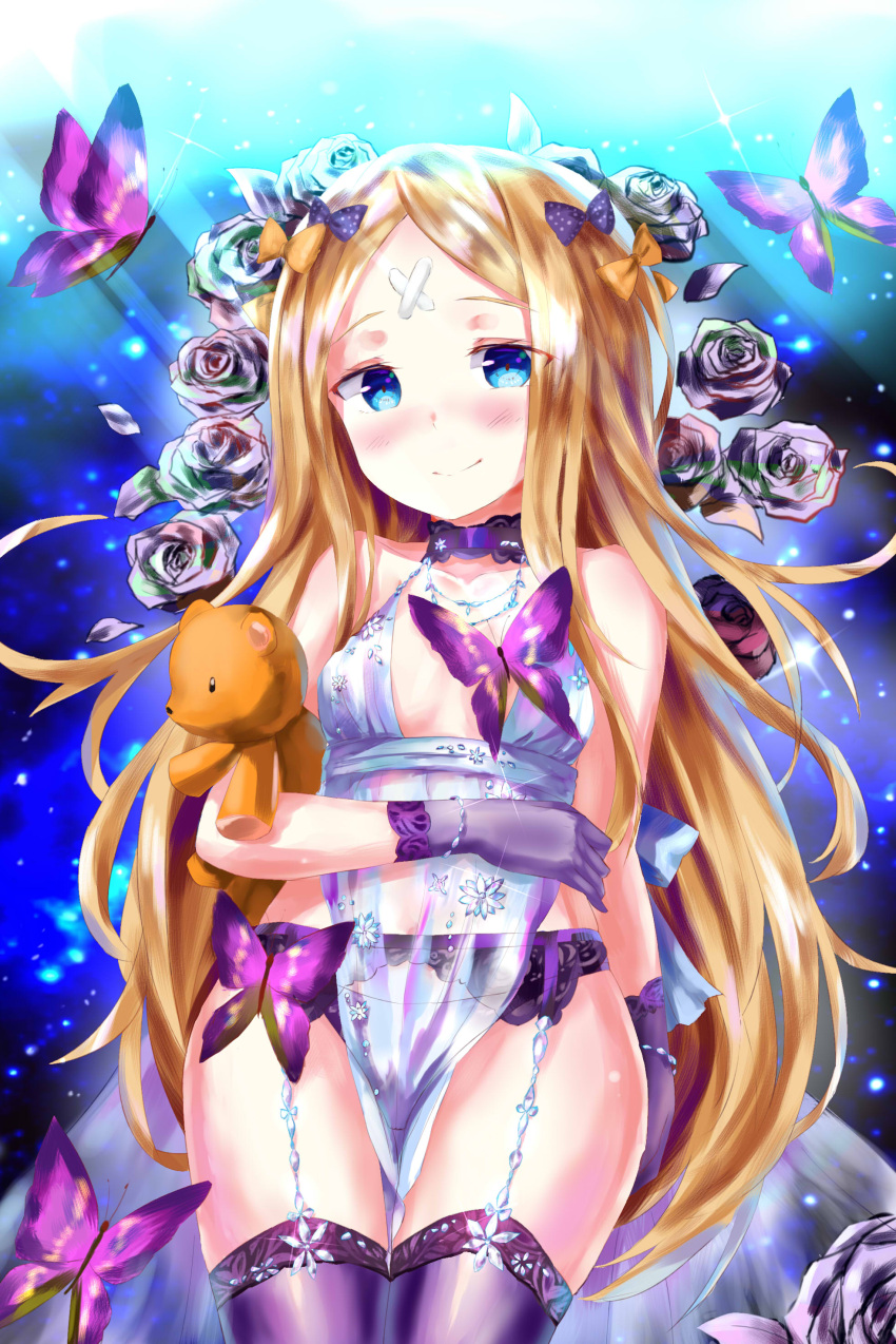 1girl abigail_williams_(fate/grand_order) absurdres amaroku_neko artoria_pendragon_(all) artoria_pendragon_(lancer_alter) artoria_pendragon_(lancer_alter)_(cosplay) babydoll bandaid_on_forehead bangs bare_shoulders black_bow black_gloves black_panties blonde_hair blue_eyes blush bow bracelet breasts bug butterfly choker closed_mouth collarbone cosplay crossed_bandaids fate/grand_order fate_(series) flower forehead garter_belt gloves hair_bow highres hips holding holding_stuffed_animal insect jewelry light_rays lingerie long_hair looking_at_viewer navel necklace orange_bow panties parted_bangs polka_dot polka_dot_bow rose royal_icing see-through small_breasts smile snowflake_print solo sparkle stuffed_animal stuffed_toy teddy_bear thigh-highs thighs underwear waist