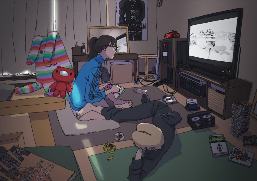 1boy 1girl akira game_console glasses highres jersey kim_taemyung messy_room mochiguman original playing_games playstation_4 ponytail room stuffed_animal stuffed_toy television
