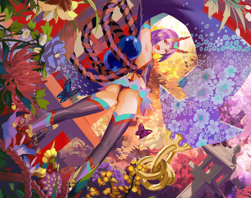 1girl :d arm_up armpits ass autumn bangs black_legwear blue_flower bug butterfly crop_top detached_sleeves dutch_angle eyeshadow fang fate/grand_order fate_(series) floral_print flower from_behind garden headpiece heart highres insect legs_apart looking_at_viewer looking_back makeup oni_horns open_mouth purple_hair red_flower revealing_clothes rope shawl shimenawa short_hair shuten_douji_(fate/grand_order) smile solo sphere stone_lantern tea_sly thigh-highs tree violet_eyes white_flower yellow_flower