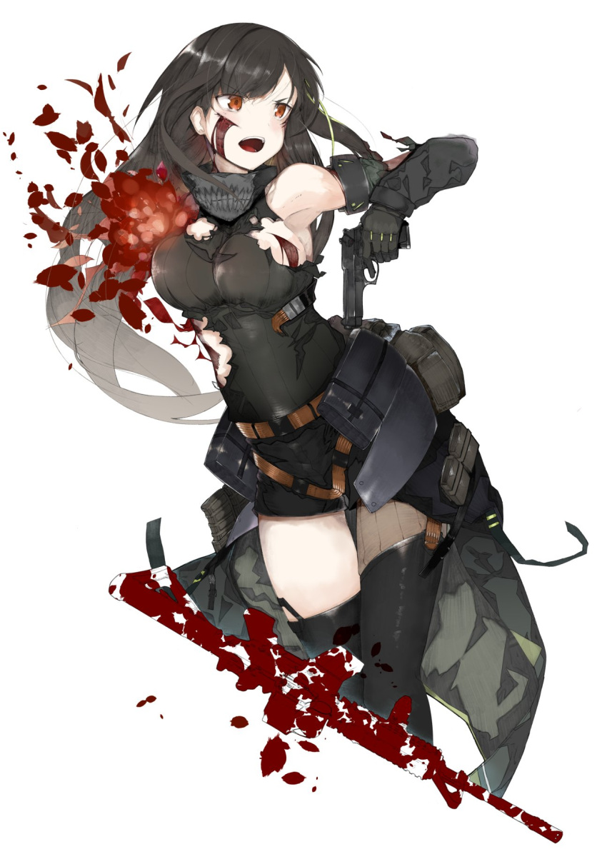 1girl arm_strap armpits assault_rifle asymmetrical_legwear bandanna bangs beretta_92 black_hair black_shorts black_sweater blood blood_on_face breasts brown_hair commentary_request detached_sleeves drawing_gun eques_mikumiku eyebrows_visible_through_hair gauntlets girls_frontline gloves gun handgun highres holding holding_gun holding_weapon long_hair m4a1_(girls_frontline) multicolored_hair open_mouth pouch ribbed_sweater rifle shorts single_thighhigh solo streaked_hair sweater sweater_vest thigh-highs thigh_strap thighs torn_clothes weapon white_background