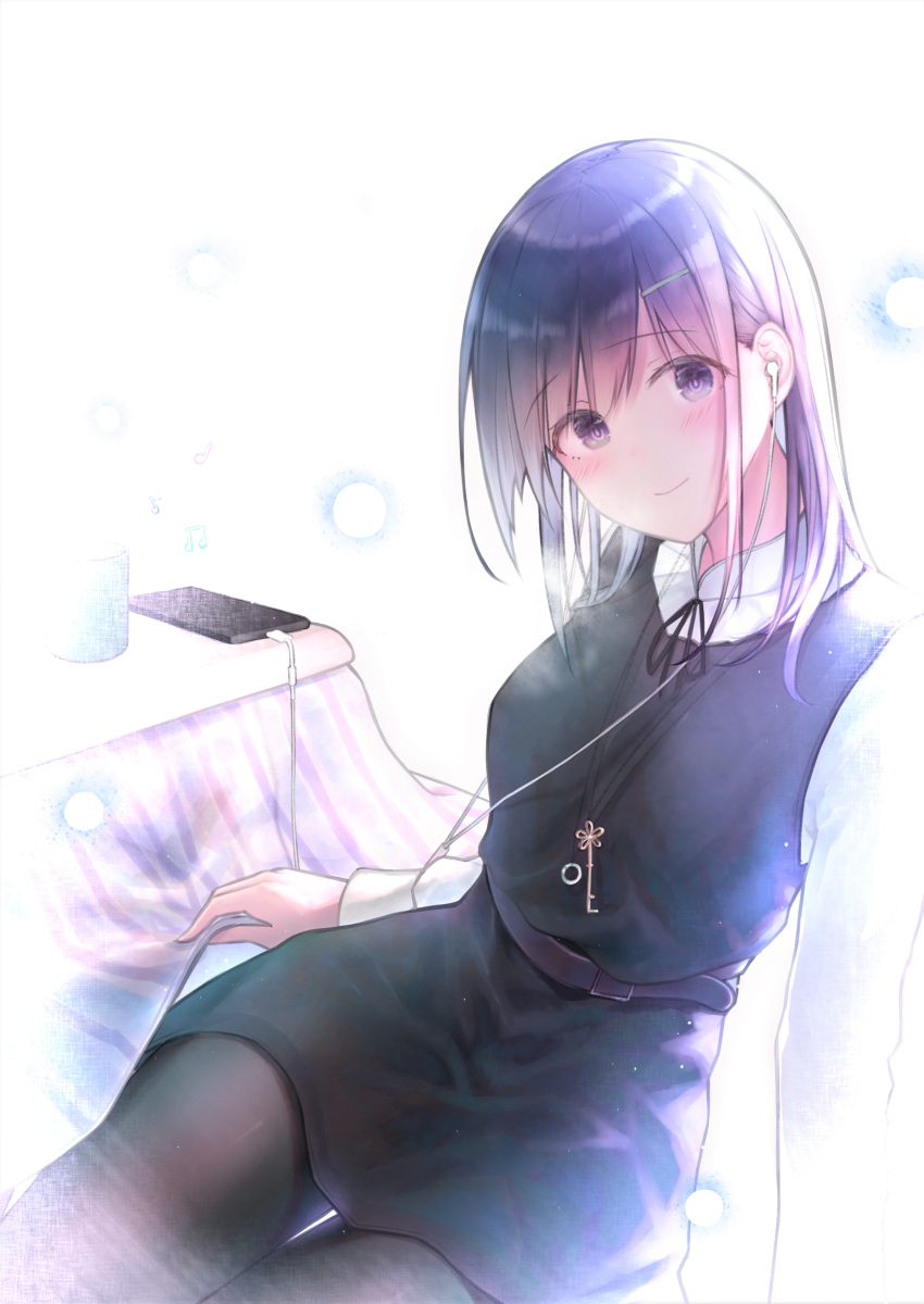 1girl absurdres arm_support bangs beamed_eighth_notes belt black_dress black_legwear black_neckwear black_ribbon blush cellphone closed_mouth commentary_request cup dress drinking_glass earphones eighth_note eyebrows_visible_through_hair hair_ornament hairclip head_tilt highres kayakooooo key kotatsu long_hair long_sleeves musical_note neck_ribbon original pantyhose phone pinafore_dress purple_hair quarter_note ribbon shirt sidelocks simple_background sitting smartphone smile solo table thigh_gap violet_eyes white_background white_shirt