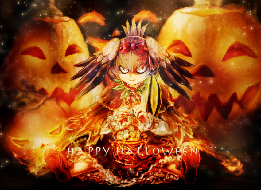 1girl alternate_costume bangs basket bird_wings bow c: candy cape closed_mouth eyebrows_visible_through_hair food full_body fur_coat green_hair grey_hair hair_between_eyes hair_bow hairband halloween halloween_costume hands_up happy_halloween head_wings highres holding holding_food jack-o'-lantern kemono_friends long_hair long_sleeves looking_at_viewer low_ponytail multicolored_hair orange_hair pumpkin shirt shoebill_(kemono_friends) shoes side_ponytail sitting skirt smile soles solo stealstitaniums wings