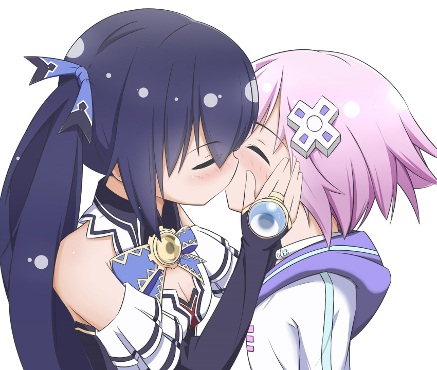2girls bangs bare_shoulders blush breasts bridal_gauntlets choujigen_game_neptune cleavage closed_eyes d-pad d-pad_hair_ornament eyebrows_visible_through_hair hair_ornament hair_ribbon hand_on_another's_cheek hand_on_another's_face highres hood hood_down kiss long_hair medium_breasts miruzawa_akechi multiple_girls neptune_(choujigen_game_neptune) neptune_(series) noire purple_hair ribbon short_hair twintails yuri