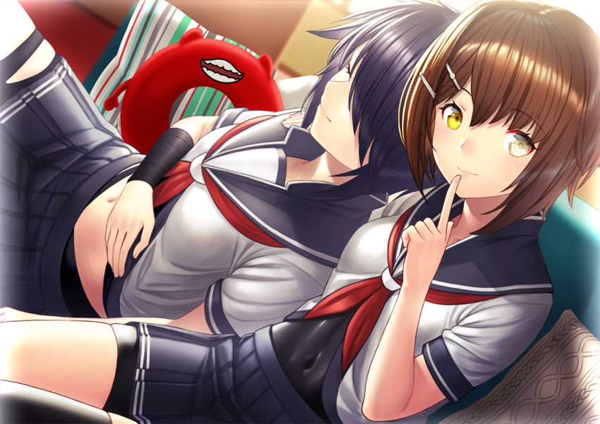 2girls bangs belly_peek black_hair black_legwear black_sailor_collar black_skirt blush brown_hair closed_eyes closed_mouth commentary_request couch covered_navel creature enemy_lifebuoy_(kantai_collection) eyebrows_visible_through_hair finger_to_mouth furutaka_(kantai_collection) grey_eyes hair_ornament hair_over_one_eye hairclip hand_on_another's_shoulder hand_on_own_stomach heterochromia index_finger_raised indoors kako_(kantai_collection) kantai_collection kyon_(fuuran) long_hair looking_at_viewer midriff multiple_girls navel neckerchief on_couch pillow pleated_skirt red_neckwear sailor_collar school_uniform serafuku shirt short_hair short_sleeves shushing single_thighhigh sitting skirt sleeping smile striped thigh-highs white_shirt yellow_eyes
