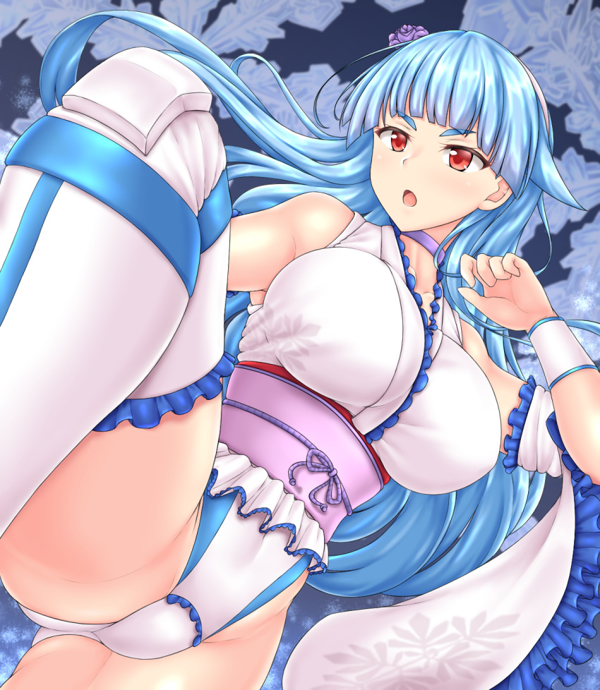 1girl aqua_hair ass_visible_through_thighs black_background blue_hair boots breasts collarbone detached_sleeves eyebrows_visible_through_hair flower hair_flower hair_ornament hairband hiballista highres japanese_clothes kimono large_breasts leotard long_hair long_sleeves looking_at_viewer obi open_mouth red_eyes ring_dream rose sash snowflakes snowing solo standing standing_on_one_leg thigh-highs thigh_boots white_leotard wrestling_outfit yuki_onna_(ring_dream)