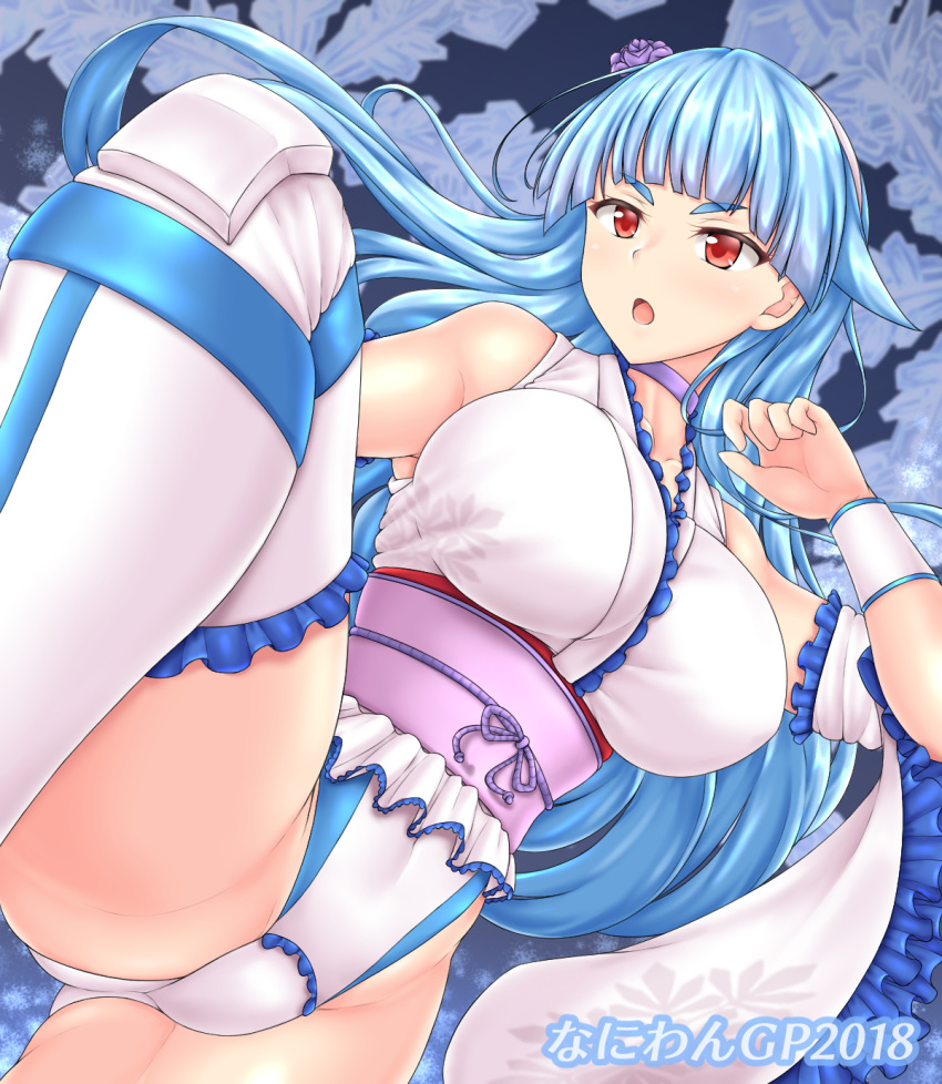1girl aqua_hair black_background blue_hair boots breasts collarbone detached_sleeves eyebrows_visible_through_hair flower hair_flower hair_ornament hairband hiballista highres japanese_clothes kimono large_breasts leotard long_hair long_sleeves looking_at_viewer obi open_mouth red_eyes ring_dream rose sash snowflakes snowing solo standing standing_on_one_leg text_focus thigh-highs thigh_boots wrestling_outfit yuki_onna_(ring_dream)