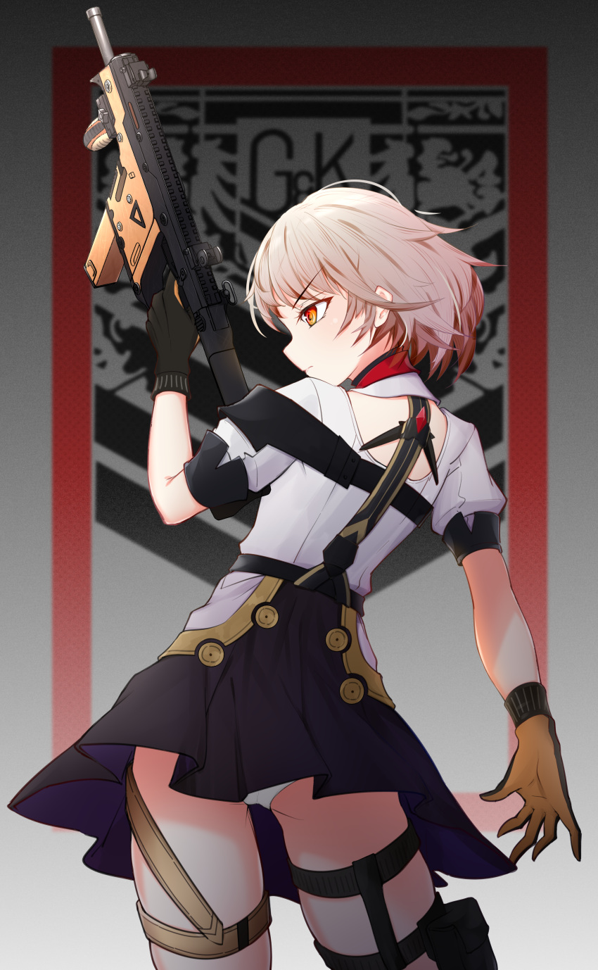 1girl absurdres commentary contrapposto cowboy_shot eyebrows_visible_through_hair from_behind girls_frontline gloves gun highres holding holding_gun holding_weapon kriss_vector looking_to_the_side panties pantyshot pantyshot_(standing) red_eyes short_hair short_sleeves silver_hair solo standing submachine_gun teallysky underwear vector_(girls_frontline) weapon