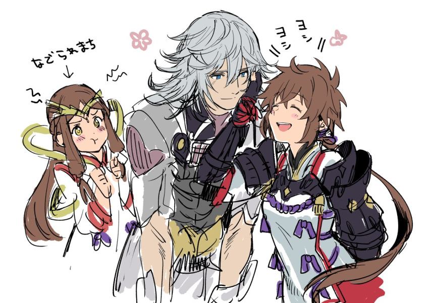 1boy 2girls arm_up bending_forward blue_eyes blush brown_legwear bug fan_la_norne hand_in_another's_hair headgear heart insect japanese_clothes jealous long_hair lora_(xenoblade_2) miko multiple_girls nintendo open_mouth pauldrons ponytail ribbon rope shimo_(s_kaminaka) shin_(xenoblade) shoulder_armor simple_background skirt smile tassel upper_teeth very_long_hair white_background white_hair xenoblade_(series) xenoblade_2 xenoblade_2:_ogon_no_kuri_ira yellow_eyes