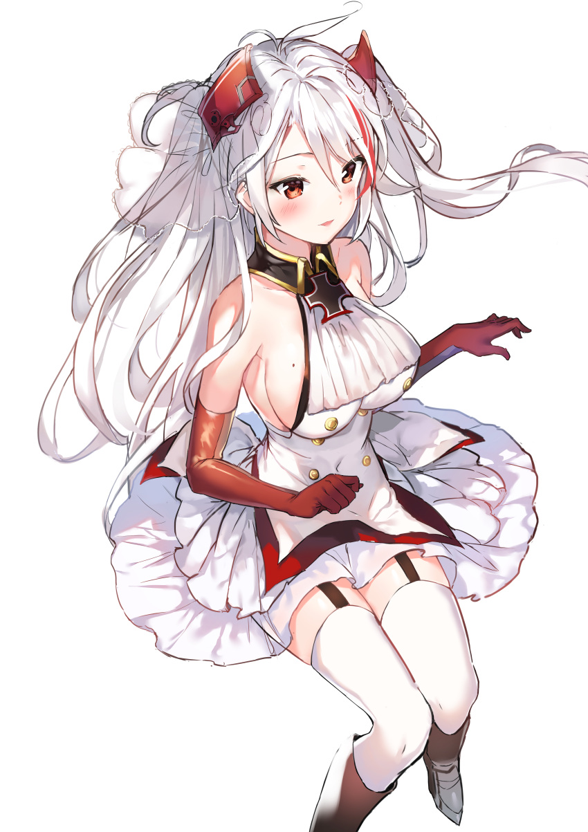 1girl absurdres adapted_costume alternate_costume antenna_hair ascot azur_lane bangs blush breasts bridal_veil double-breasted dress elbow_gloves eyebrows_visible_through_hair gloves hair_between_eyes headgear highres large_breasts long_hair looking_at_viewer mole mole_on_breast multicolored_hair prinz_eugen_(azur_lane) red_gloves redhead sideboob silver_hair simple_background sitting smile solo streaked_hair two_side_up veil very_long_hair wedding_dress white_background ym_(pixiv2132273)