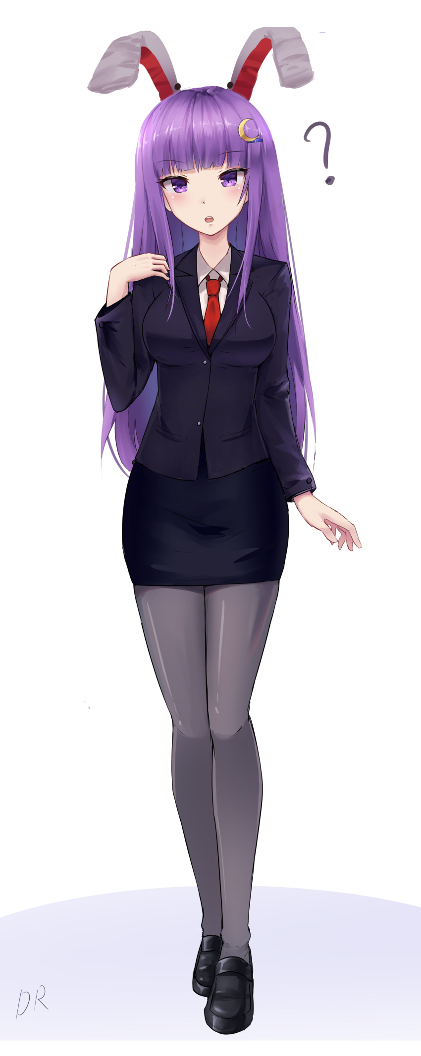 1girl ? absurdres alternate_costume animal_ears black_footwear black_legwear blush breasts collar cosplay danraz0r eyebrows_visible_through_hair full_body highres long_hair looking_at_viewer medium_breasts necktie open_mouth patchouli_knowledge purple_hair rabbit_ears red_neckwear reisen_udongein_inaba reisen_udongein_inaba_(cosplay) school_uniform shadow shoes signature simple_background solo spoken_question_mark touhou very_long_hair violet_eyes white_background