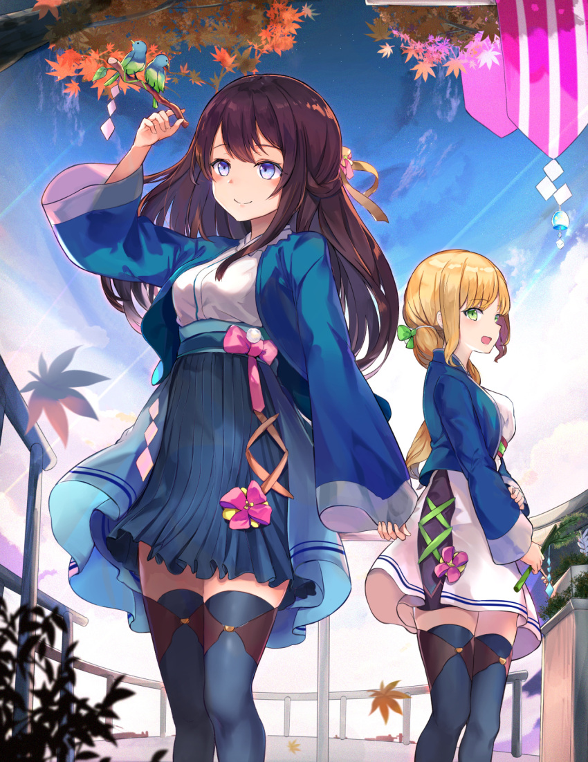 2girls :d animal bird black_legwear blonde_hair blue_eyes blue_jacket blue_skirt blue_sky blush branch breasts brown_hair brown_ribbon clouds commentary day dress green_eyes hair_ribbon high-waist_skirt highres holding jacket leaf long_hair long_sleeves medium_breasts mosta_(lo1777789) multiple_girls open_clothes open_jacket open_mouth original outdoors pinching_sleeves pleated_skirt railing ribbon shirt skirt sky sleeves_past_wrists smile standing symbol_commentary thigh-highs tree very_long_hair white_dress white_shirt wide_sleeves wind_chime