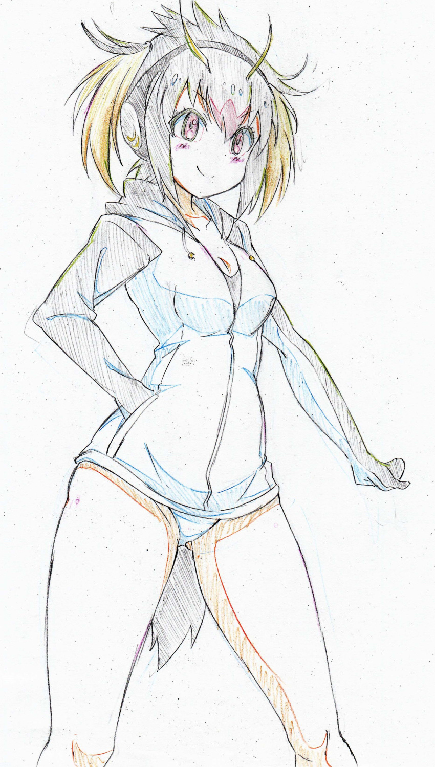 1girl absurdres bangs black_hair black_jacket blonde_hair breasts cleavage colored_pencil_(medium) commentary_request cowboy_shot drawstring eyebrows_visible_through_hair hand_in_pocket hand_on_hip headphones highres hood hoodie jacket kemono_friends kitazinger leotard light_blush long_sleeves looking_at_viewer medium_breasts multicolored_hair pose raglan_sleeves red_eyes redhead rockhopper_penguin_(kemono_friends) short_hair smirk solo standing tail thighs traditional_media v-shaped_eyebrows white_leotard