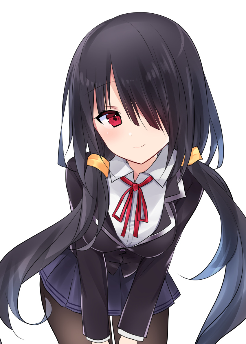 1girl absurdres bangs black_hair black_jacket blazer blue_skirt blush brown_legwear closed_mouth collared_shirt cowboy_shot date_a_live eyebrows_visible_through_hair hair_over_one_eye hair_over_shoulder head_tilt highres jacket leaning_forward long_hair long_sleeves looking_at_viewer low_twintails miniskirt natsu_(sinker8c) neck_ribbon pantyhose pleated_skirt red_eyes red_neckwear ribbon school_uniform shirt simple_background skirt smile solo standing tokisaki_kurumi twintails undershirt very_long_hair white_background white_shirt wing_collar