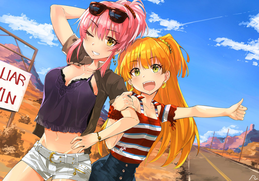 2girls :d arm_behind_head blonde_hair blue_sky bracelet commentary cowboy_shot crop_top day desert earrings eyebrows_visible_through_hair eyewear_on_head fangs green_eyes grin hair_ornament hair_scrunchie half_updo hand_on_hip hitchhiking idolmaster idolmaster_cinderella_girls jewelry jougasaki_mika jougasaki_rika locked_arms long_hair looking_at_viewer midriff multiple_girls navel one_eye_closed open_mouth outdoors pink_hair ponytail road scrunchie shirt short_shorts shorts siblings signature sisters sky smile standing star star_earrings striped striped_shirt sunglasses thumbs_up twintails upper_teeth white_shorts wrist_cuffs yanngoto yellow_eyes