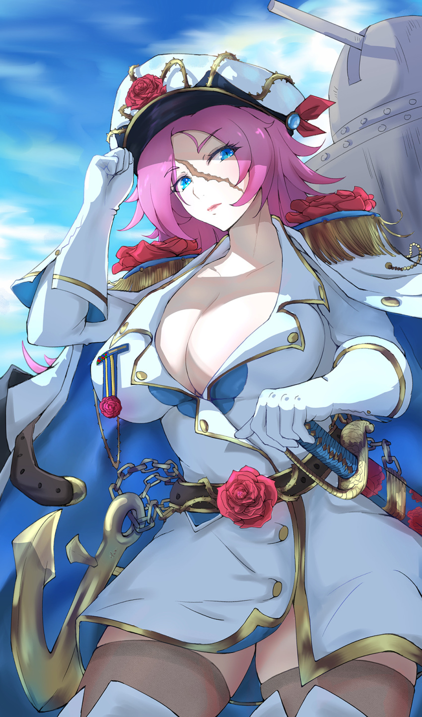 1girl 4zz adjusting_clothes adjusting_hat anchor blue_eyes breasts collarbone commentary_request fate/extra fate/grand_order fate_(series) flower francis_drake_(fate) gloves hat highres large_breasts lips long_hair looking_at_viewer military military_uniform pink_hair rose sheath sheathed skindentation solo sword thick_thighs thighs thorns uniform weapon white_gloves