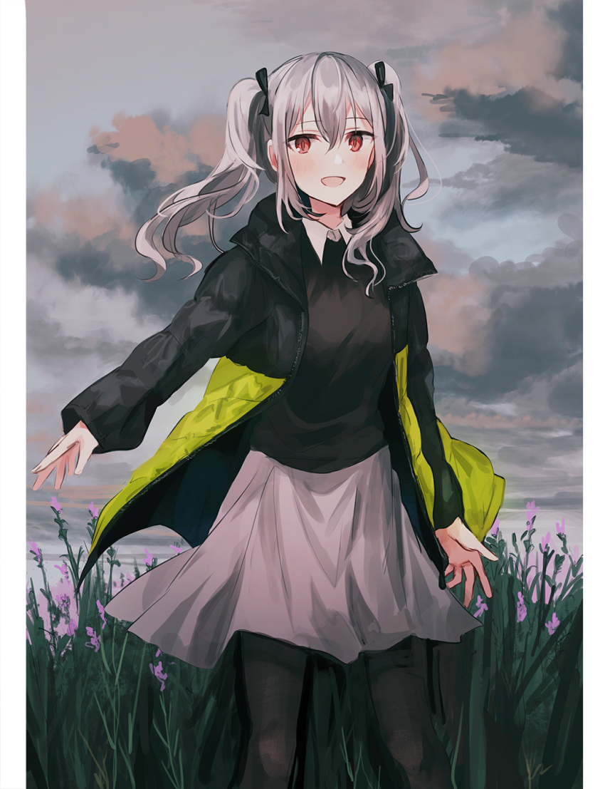 1girl :d bangs black_bow black_jacket black_legwear black_sweater blush bow character_request chihuri clouds cloudy_sky collared_shirt day eyebrows_visible_through_hair flower hair_between_eyes hair_bow highres jacket lavender_quartz long_hair long_sleeves looking_at_viewer open_clothes open_jacket open_mouth outdoors overcast pantyhose pink_flower red_eyes shirt sidelocks silver_hair sky sleeves_past_wrists smile solo standing sweater twintails white_shirt