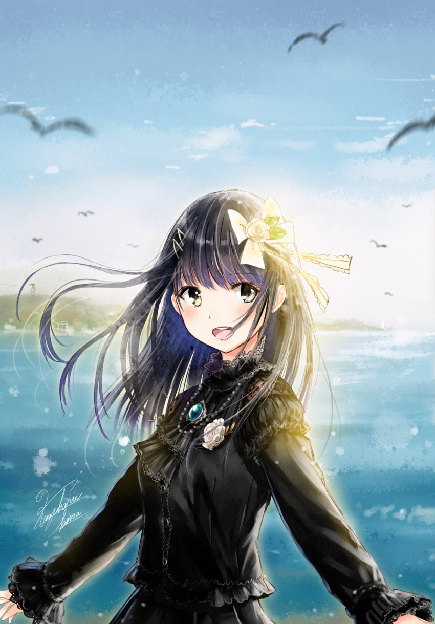 ascot bangs bird black_dress black_hair black_neckwear blue_sky blunt_bangs blush bow commentary_request day dress eyebrows_visible_through_hair flower gem grey_eyes hair_bow hair_flower hair_ornament hairclip heterochromia highres jewelry kazuharu_kina lipstick long_hair long_sleeves looking_at_viewer makeup mountainous_horizon necklace ocean original outdoors pearl_necklace pink_lips rose round_teeth signature sky solo straight_hair teeth upper_body water white_bow white_flower white_rose yellow_eyes