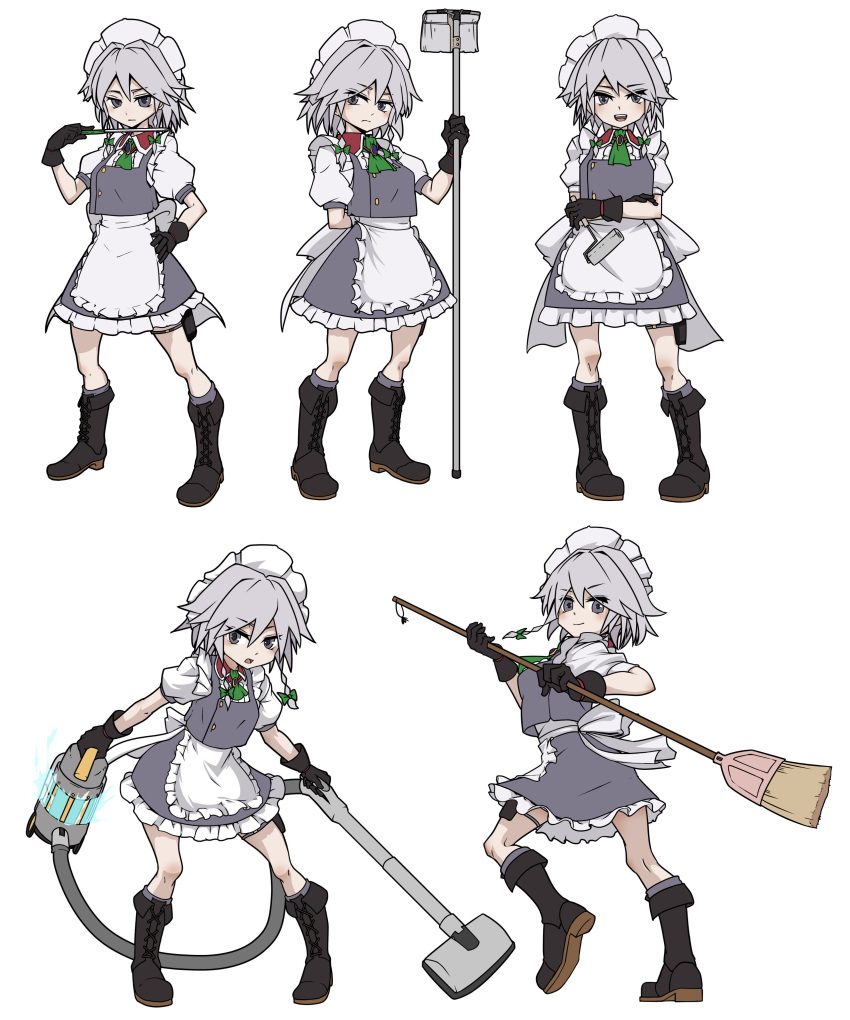 1girl absurdres apron black_footwear boots broom cross-laced_footwear grey_hair highres izayoi_sakuya kawazoi_riverside knife lace-up_boots maid maid_apron maid_headdress mop multiple_persona paint_roller touhou vacuum_cleaner
