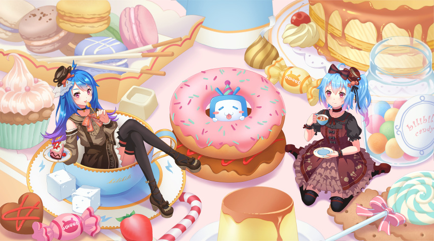 2girls alternate_hair_color bili_girl_22 bili_girl_33 bilibili_douga black_legwear blue_hair blush bow brown_bow brown_hat candy candy_cane carminar closed_mouth cup doughnut eyebrows_visible_through_hair food hair_bow hat hat_bow high_heels highres long_hair looking_at_viewer multicolored_hair multiple_girls orange_bow over-kneehighs plate pocky purple_hair red_eyes short_hair short_ponytail side_ponytail sitting smile sugar_cube teacup thigh-highs tongue tongue_out two-tone_hair wariza