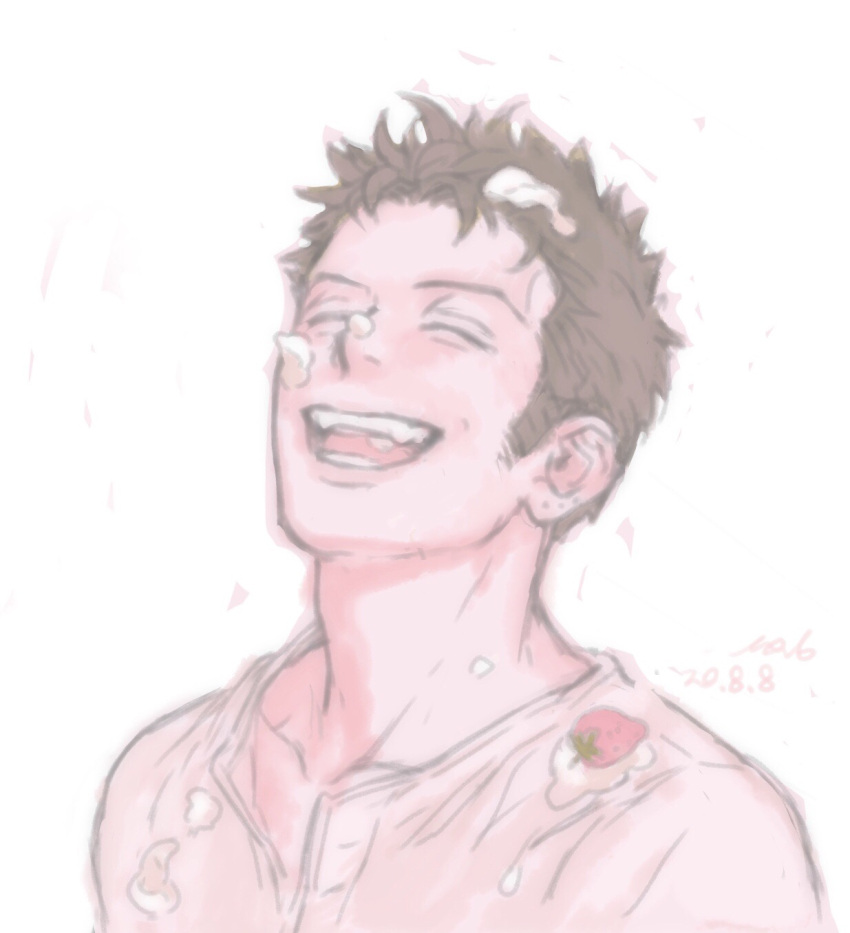 1boy ^_^ closed_eyes cream cream_on_face dated food food_on_face fruit green_hair happy highres male_focus no.6_(numberr_6) one_piece roronoa_zoro scar scar_across_eye shirt short_hair smile solo strawberry upper_body white_shirt