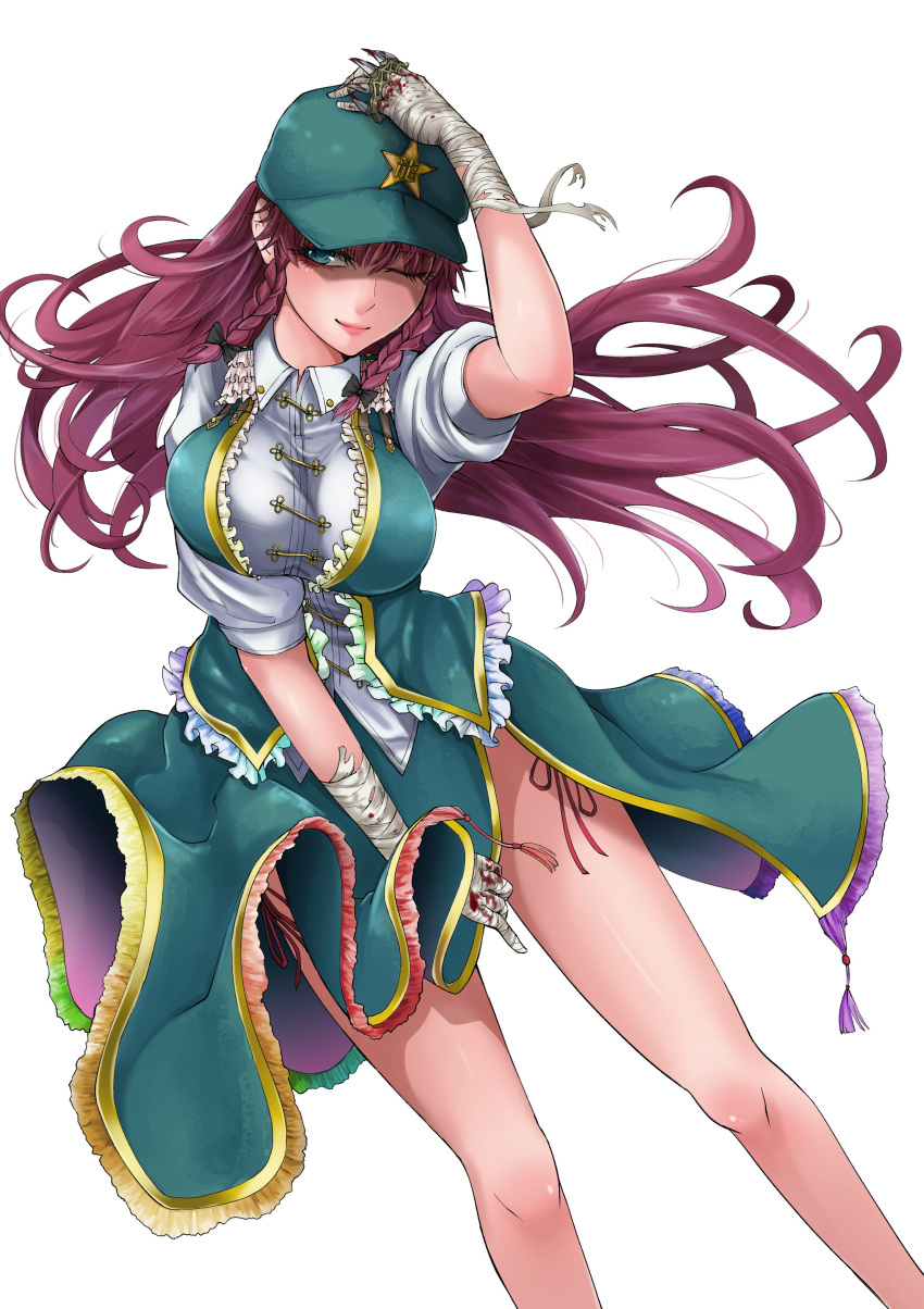 1girl ;) absurdres arm_up bandage bandaged_hands bandages bare_legs blood breasts closed_eyes collared_shirt green_eyes green_hat green_skirt green_vest hand_on_own_head hat highres hong_meiling large_breasts light_smile lips looking_at_viewer omigawa_namari one_eye_closed open_clothes open_vest redhead shirt short_sleeves simple_background skirt skirt_tug smile solo star touhou vest white_background white_shirt wing_collar