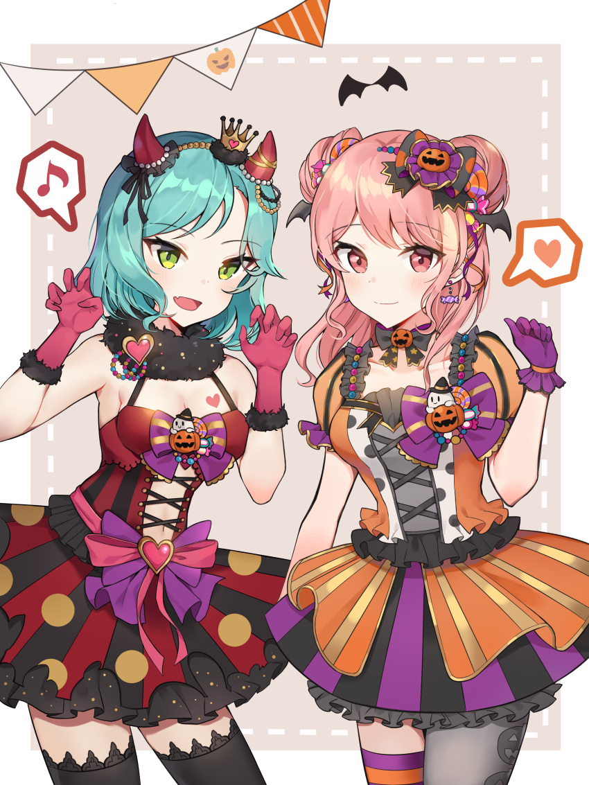 2girls :d absurdres alternate_hairstyle aqua_hair bang_dream! bangs beige_background black_bow black_legwear black_neckwear black_ribbon blush bow bowtie breast_tattoo breasts candy_earrings candy_hair_ornament churi_(oxxchurixxo) claw_pose cleavage clenched_hand cross-laced_clothes crown demon_horns double_bun dress fang food_themed_hair_ornament frills fur_collar ghost gloves green_eyes hair_bow hair_ornament hair_ribbon hairband halloween halloween_costume hand_up hands_up head_wings heart highres hikawa_hina horns jack-o'-lantern jack-o'-lantern_hair_ornament jack-o'-lantern_print long_hair looking_at_viewer maruyama_aya mini_crown mismatched_legwear multiple_girls musical_note navel_cutout open_mouth overskirt pennant pink_eyes pink_gloves pink_hair pink_ribbon polka_dot polka_dot_bow polka_dot_dress purple_bow purple_gloves purple_ribbon red_ribbon ribbon short_hair short_sleeves small_breasts smile spoken_heart spoken_musical_note string_of_flags striped striped_legwear tattoo thigh-highs vertical-striped_dress vertical_stripes