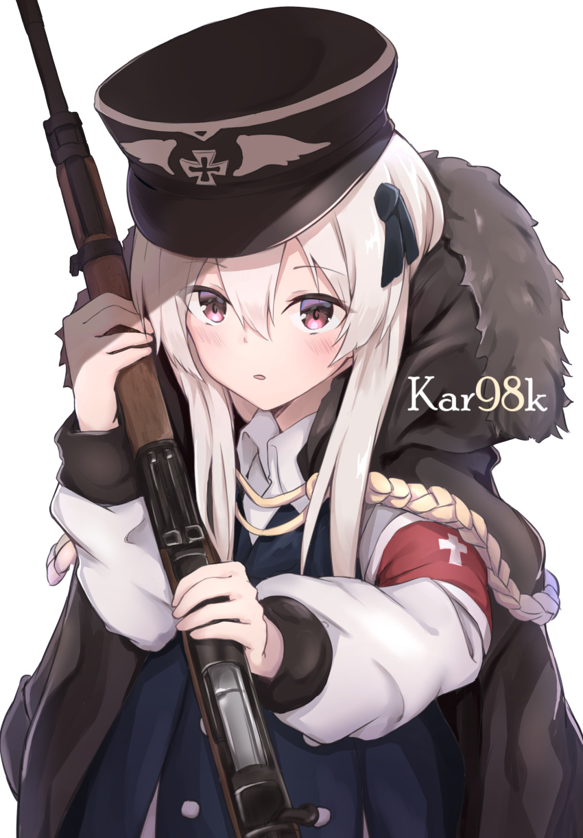 1girl absurdres armband bangs black_ribbon blue_jacket blush bolt_action brown_hat brown_jacket character_name collared_shirt commentary eyebrows_visible_through_hair fur-trimmed_jacket fur_trim girls_frontline gun hair_between_eyes hair_ribbon hand_up hat highres holding holding_gun holding_weapon iron_cross jacket jacket_on_shoulders kar98k_(girls_frontline) ky_(ky990533) long_hair long_sleeves looking_at_viewer mauser_98 military_hat object_namesake parted_lips peaked_cap red_eyes ribbon shirt simple_background solo weapon white_background white_hair white_shirt