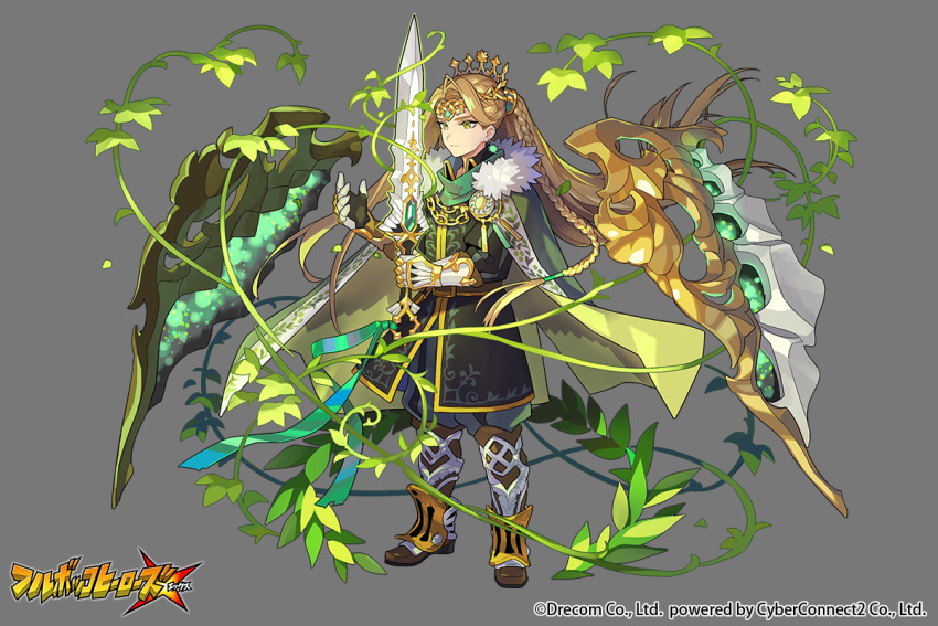 1girl boots braid cape circlet company_name copyright_name full_body fullbokko_heroes fur_trim gauntlets greaves green_cape grey_background holding holding_sword holding_weapon long_hair official_art plant pota_(bluegutty) solo sword very_long_hair vines weapon