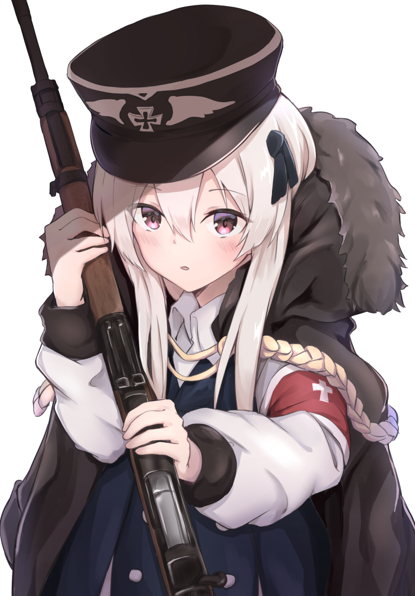 1girl absurdres armband bangs black_ribbon blue_jacket blush bolt_action brown_hat brown_jacket collared_shirt eyebrows_visible_through_hair fur-trimmed_jacket fur_trim girls_frontline gun hair_between_eyes hair_ribbon hand_up hat highres holding holding_gun holding_weapon iron_cross jacket jacket_on_shoulders kar98k_(girls_frontline) ky_(ky990533) long_hair long_sleeves looking_at_viewer mauser_98 military_hat object_namesake parted_lips peaked_cap red_eyes ribbon shirt simple_background solo weapon white_background white_hair white_shirt