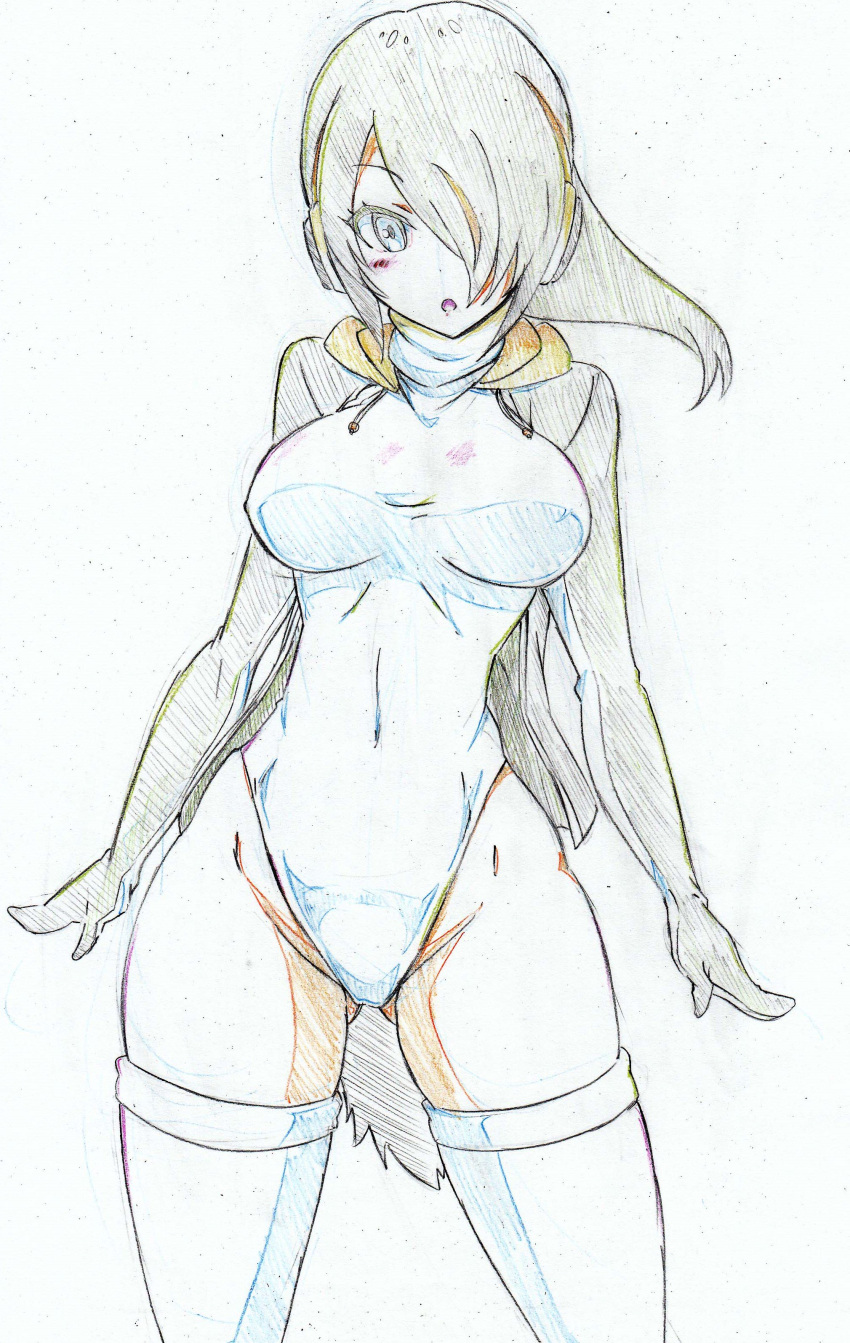 1girl :o absurdres black_hair black_jacket breasts brown_eyes colored_pencil_(medium) commentary_request covered_navel cowboy_shot drawstring emperor_penguin_(kemono_friends) gluteal_fold groin hair_over_one_eye headphones highleg highleg_leotard highres hood hoodie jacket kemono_friends kitazinger large_breasts leotard light_blush long_hair long_sleeves looking_at_viewer multicolored_hair open_clothes open_hoodie open_jacket open_mouth solo standing streaked_hair thigh-highs thighs traditional_media white_legwear white_leotard