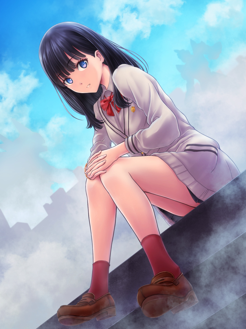 1girl badge bangs black_hair black_skirt blue_eyes bow bowtie breasts brown_footwear cardigan clouds collared_shirt eyebrows eyebrows_visible_through_hair fog hand_on_own_knee highres i-mixs jacket looking_at_viewer medium_breasts parted_lips pleated_skirt red_legwear red_neckwear shirt shoes silhouette skirt sky solo ssss.gridman stairs takarada_rikka teeth thighs white_cardigan