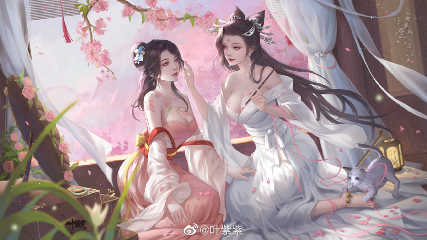 2girls anklet barefoot bed bell black_hair bodypaint branch breasts cat china_dress chinese_clothes curtains dress highres jewelry jiao_wu_da_zhanggui large_breasts long_hair multiple_girls on_bed sitting sitting_on_bed weibo_id weibo_logo window yi_zi_zi
