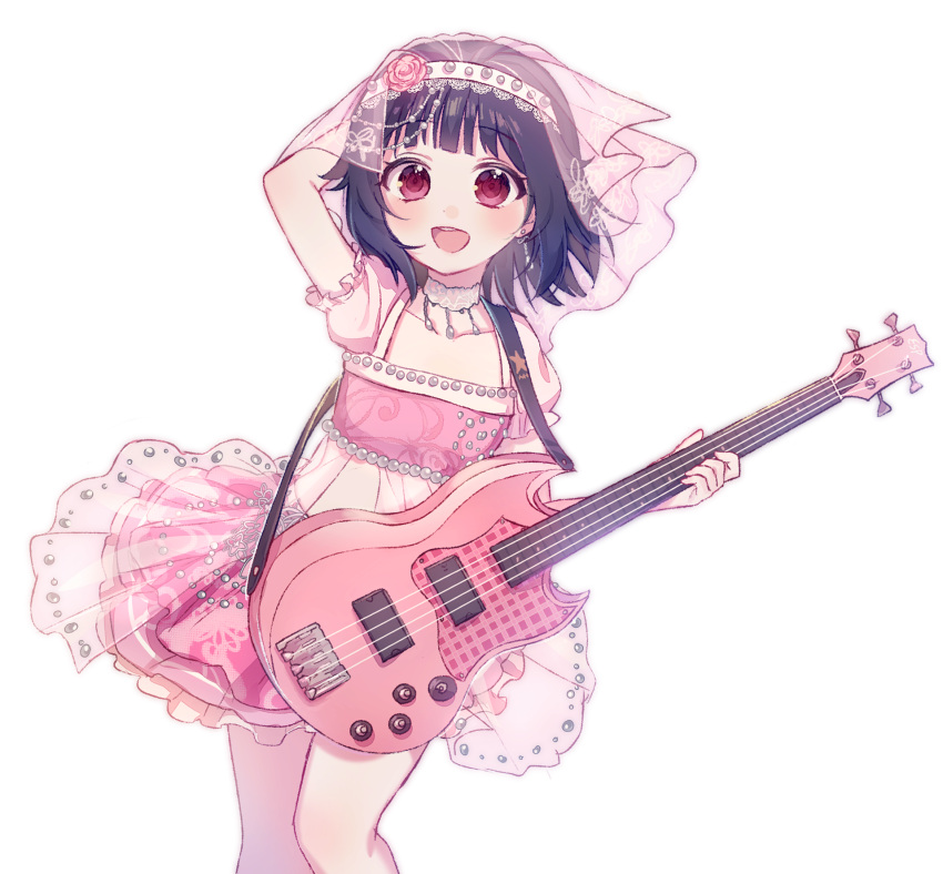 1girl :d arm_up bang_dream! bangs bass_guitar black_hair blush choker collarbone crop_top earrings esp_guitars flower hair_flower hair_ornament hairband hand_on_own_head highres holding holding_instrument instrument jewelry looking_at_viewer open_mouth pink_flower pink_skirt poyo_(shwjdddms249) red_eyes short_hair short_sleeves simple_background skirt smile solo ushigome_rimi veil white_background white_choker white_hairband