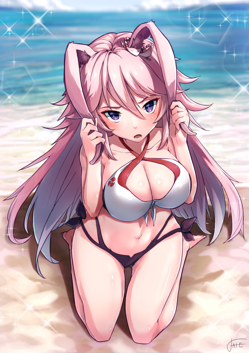 1girl animal_ears bangs bare_legs bare_shoulders beach benghuai_xueyuan bikini blue_eyes blue_sky blurry blurry_background blush breasts cleavage clouds collarbone criss-cross_halter day ekusufeito hair_between_eyes hair_ornament halter_top halterneck highres holding_ears honkai_impact large_breasts long_hair looking_at_viewer navel ocean open_mouth outdoors pink_hair rabbit_ears sand seiza shiny shiny_skin side-tie_bikini sidelocks signature sitting sky solo sparkle stomach swimsuit very_long_hair yae_sakura_(benghuai_xueyuan)