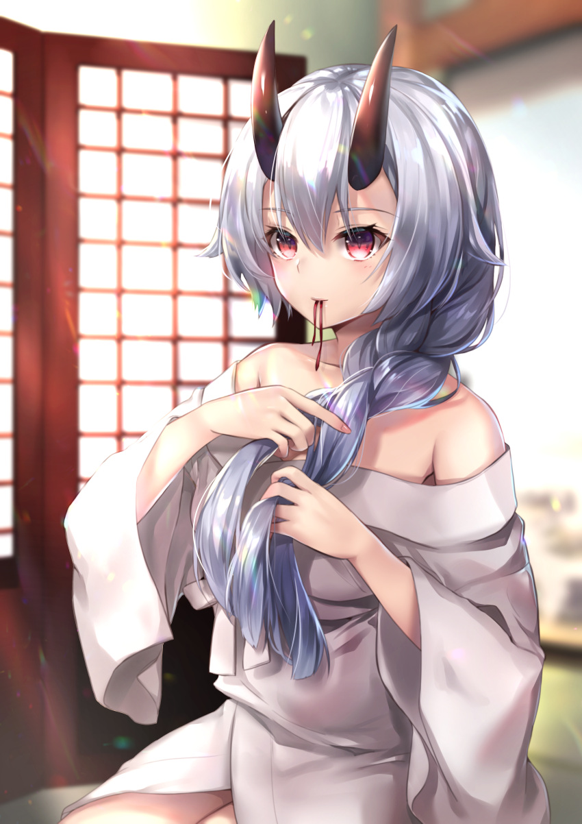 1girl absurdres alternate_costume backlighting bangs bare_shoulders blush braiding_hair closed_mouth eyebrows_visible_through_hair fate/grand_order fate_(series) fingernails grey_hair grey_kimono hair_between_eyes hair_over_shoulder hairdressing hane_yuki highres indoors lipstick long_hair long_sleeves makeup off_shoulder oni_horns pink_lips red_eyes shiny shiny_hair sitting sliding_doors smile solo tomoe_gozen_(fate/grand_order) wide_sleeves