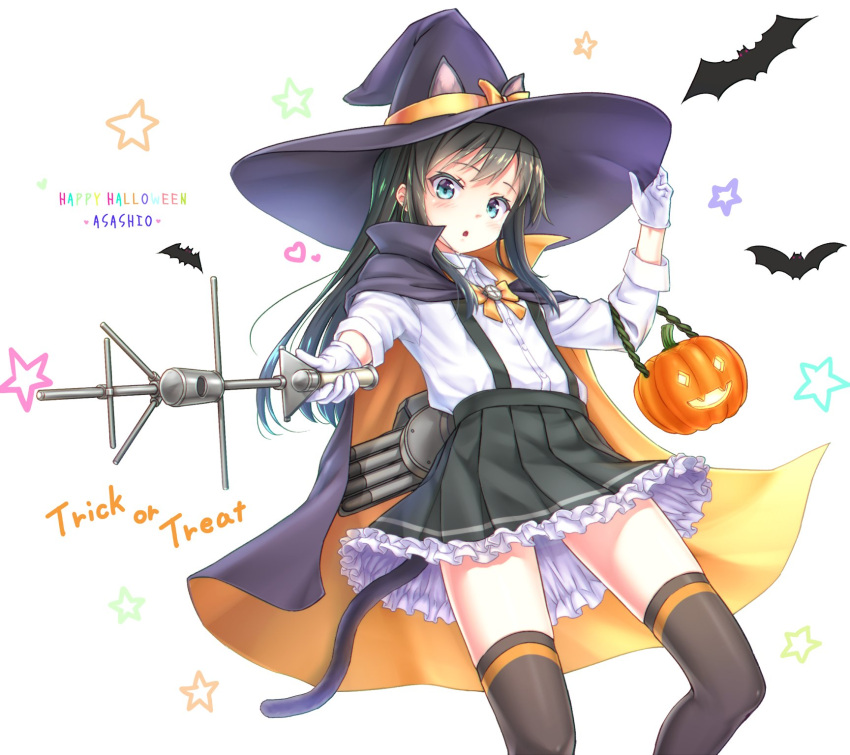 1girl animal_ears asashio_(kantai_collection) black_hair black_legwear blue_eyes bow cat_ears cat_tail dress frilled_dress frills gloves gotou_hisashi halloween halloween_costume highres kantai_collection long_hair long_sleeves orange_bow tail thigh-highs thigh_strap torpedo white_gloves